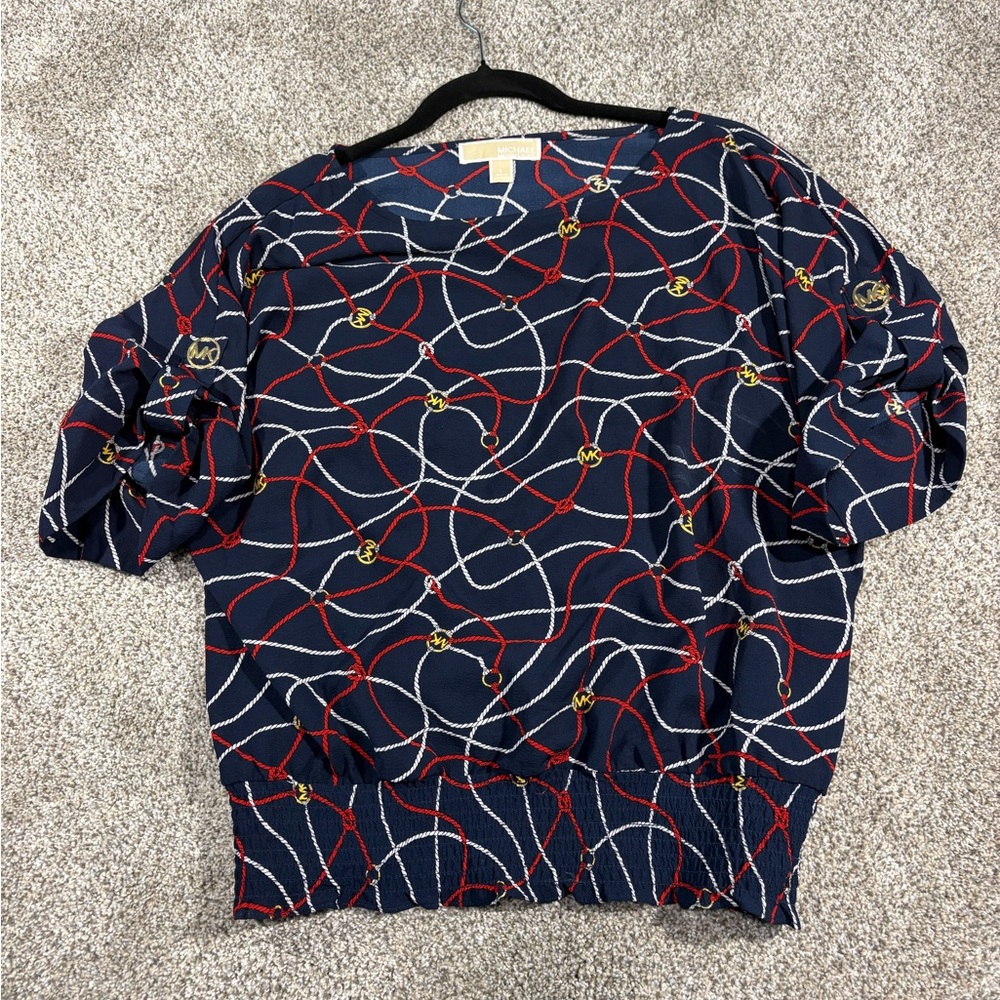 Michael Kors Navy and Red Patterned Blouse